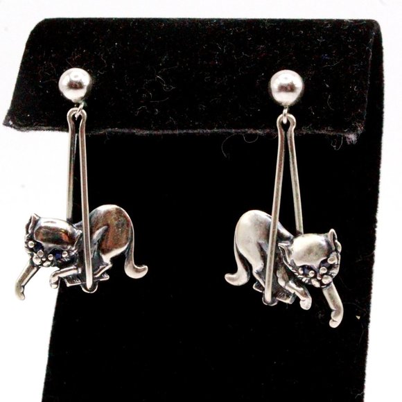 Sterling Silver Contemporary Cat Long Dangle Post Back Earrings - Picture 1 of 7